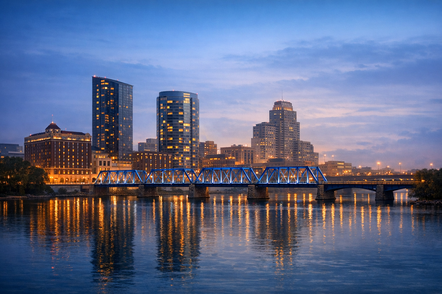 A luminous Grand Rapids riverfront skyline with the Blue Bridge at blue hour.